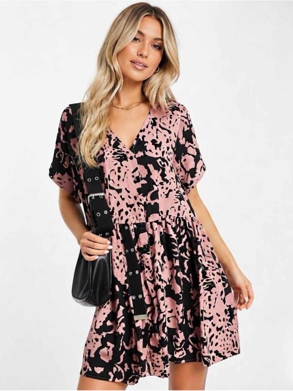 New ASOS Urban Threads Oversized Button Front Dress Women’s Sz 10 Pink Abstract
